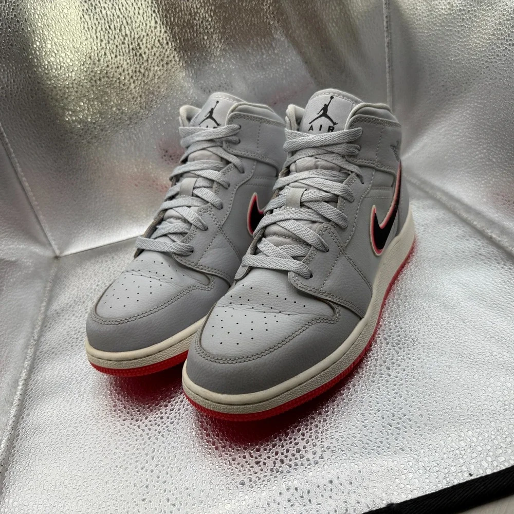 Size 7Y Nike Air Jordan 1‎ GS Mid Wolf Gray Pink Kids Sneaker Shoes 555112-060